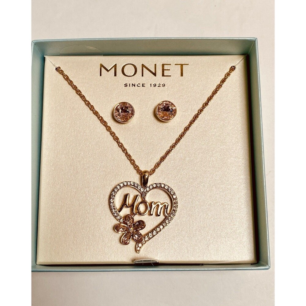 Monet Mom Heart Necklace 17" & Pink Crystal Stud Earrings Gift Set NIB